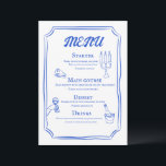 Wit & Blauw Moderne grillige bruiloft Menu<br><div class="desc">Voeg charme en elegantie toe aan uw receptie met dit witte en blauwe moderne grillige huwelijksmenu. Met lichte, luchtige designelementen met een speels script en minimale typografie combineert dit menu sophisticatie met zachte romantische flair - perfect voor grillige of op de kust geïnspireerde bruiloften. Of uw evenement nu formeel of...</div>
