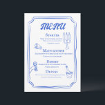 Wit & Blauw Moderne grillige bruiloft Menu<br><div class="desc">Voeg charme en elegantie toe aan uw receptie met dit witte en blauwe moderne grillige huwelijksmenu. Met lichte, luchtige designelementen met een speels script en minimale typografie combineert dit menu sophisticatie met zachte romantische flair - perfect voor grillige of op de kust geïnspireerde bruiloften. Of uw evenement nu formeel of...</div>