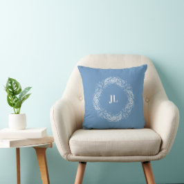 Wit Blauw Monogram Vintage Botanische Krans. Kussen