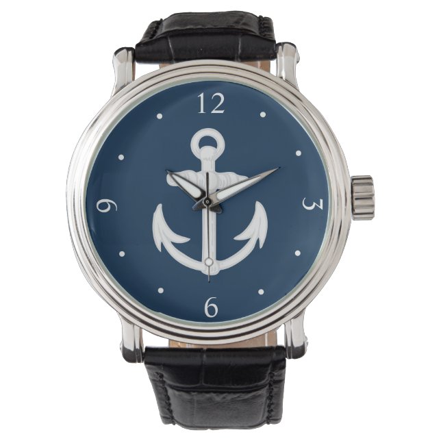 Wit/blauw Nautisch ankersymbool Horloge (Voorkant)