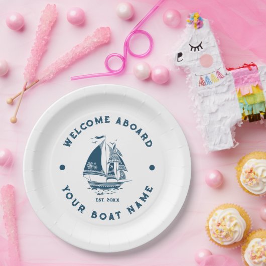 Wit & Blauw  nautische boot 2 Illustratie Papieren Bordje (Feest)