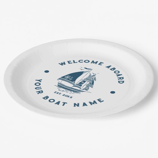 Wit & Blauw  nautische boot 2 Illustratie Papieren Bordje (Gekanteld)