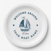 Wit & Blauw  nautische boot 2 Illustratie Papieren Bordje (Voorkant)