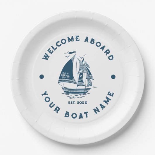 Wit & Blauw  nautische boot 2 Illustratie Papieren Bordje (Voorkant)