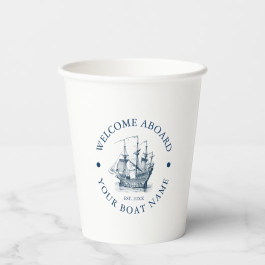 Wit & Blauw  nautische bootillustratie Papieren Bekers (Achterkant)