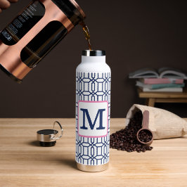 Wit-blauw octagon geometrisch patroon monogram waterfles