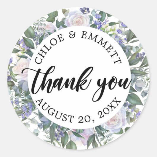 Wit Blauw Paarse Bloemen bruiloft gunst Ronde Sticker (Voorkant)