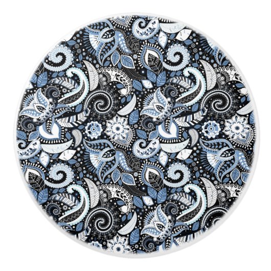 Wit & Blauw Paisley Boho Print Patroon Keramische Knop (Voorkant)