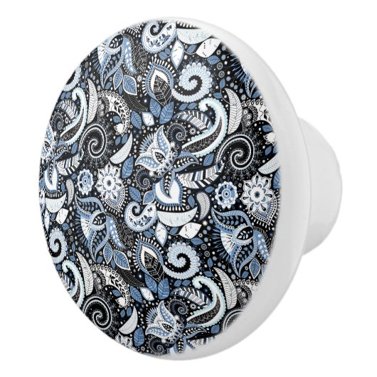 Wit & Blauw Paisley Boho Print Patroon Keramische Knop (Rechts)