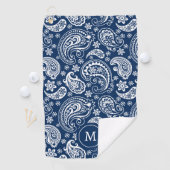 Wit blauw paisley patroonmonogram golfhanddoek (Insitu)
