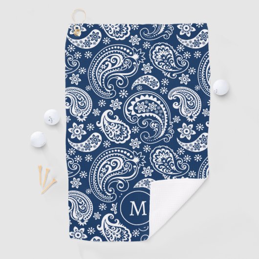 Wit blauw  paisley patroonmonogram golfhanddoek (Insitu)