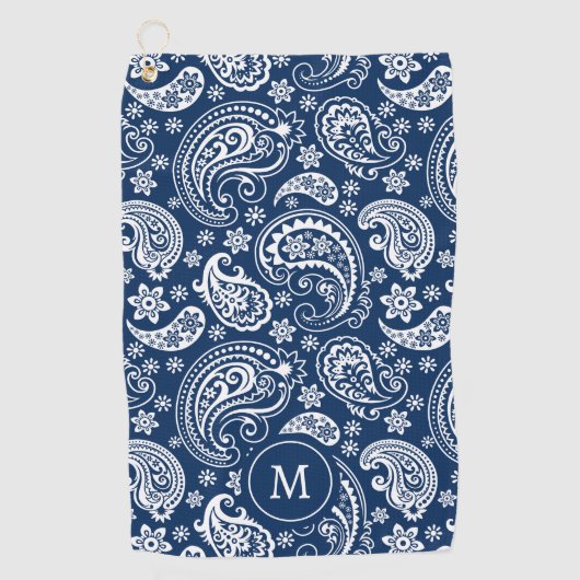 Wit blauw  paisley patroonmonogram golfhanddoek (Voorkant)