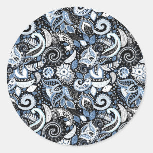Wit & Blauw Paisley Print Elegant Verjaardagsfeest Ronde Sticker