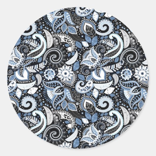 Wit & Blauw paisleyprint elegante verjaardagsfeest Ronde Sticker (Voorkant)