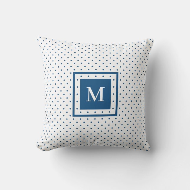Wit Blauw Polka Dot Patroon met Modern Monogram Kussen (Voorkant)