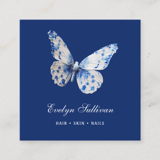 Wit blauw porselein vlinder logo visitekaartje (Voorkant)