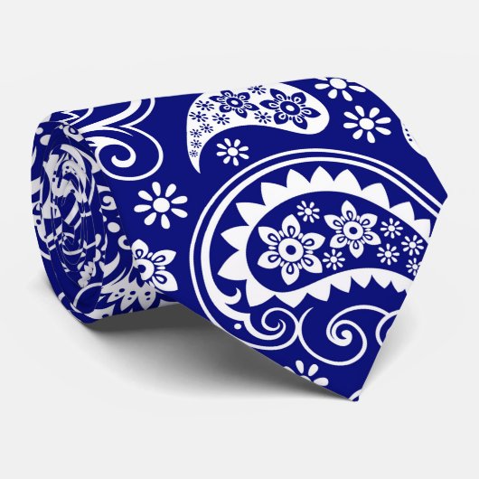 Wit & Blauw Retro Paisley Pattern Stropdas (Opgerold)