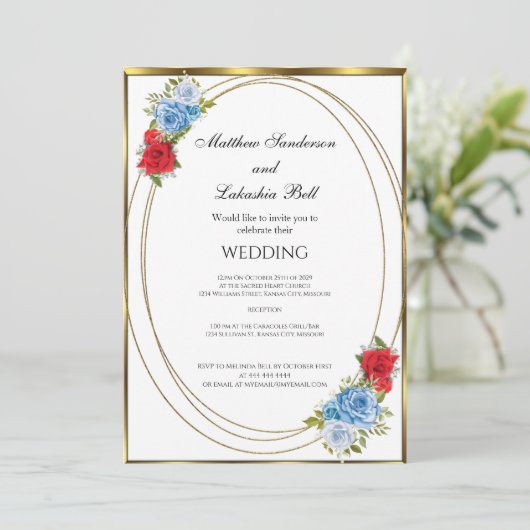 Wit blauw rood bloemen goud legant kaart (Staand voorkant)