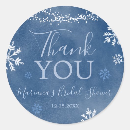 Wit Blauw Sneeuw in Liefde Sneeuwvlok Bruids Huwel Ronde Sticker (Voorkant)