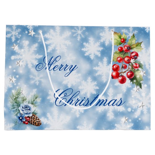 Wit Blauw Sneeuwvlok Holly Bessen Vrolijk Kerstfee Groot Cadeauzakje (Achterkant)