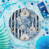 Wit Blauw Strepen Bloemen Vrijgezellenfeest Papieren Bordje (Feest)