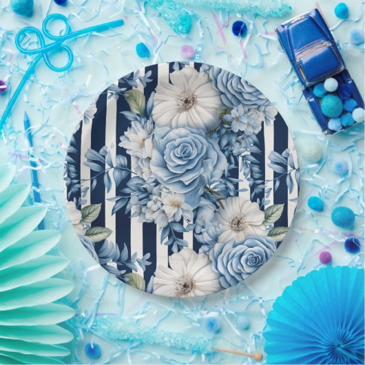 Wit Blauw Strepen Bloemen Vrijgezellenfeest Papieren Bordje (Feest)