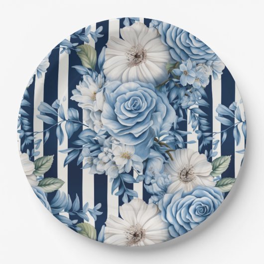 Wit Blauw Strepen Bloemen Vrijgezellenfeest Papieren Bordje (Voorkant)