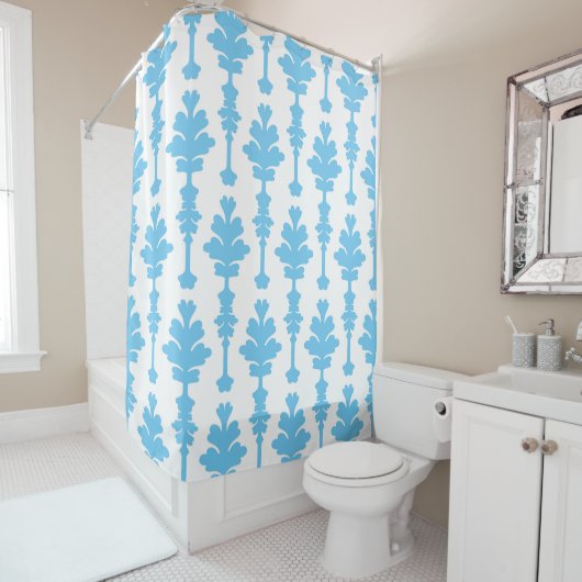 Wit & Blauw Turquoise Damast Moderne Glamour Douchegordijn (In situ)