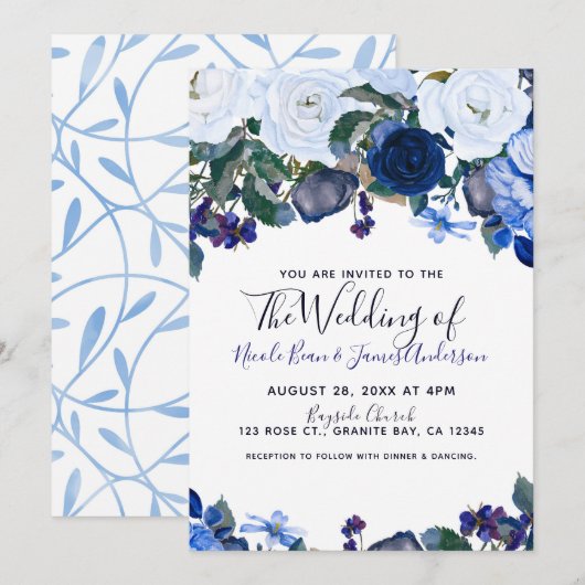 Wit & Blauw Winter Bloemen Boeket Chic Bruiloft Kaart (Voorkant / Achterkant)
