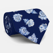 wit blauw zeeschelpen patroon stropdas (Opgerold)