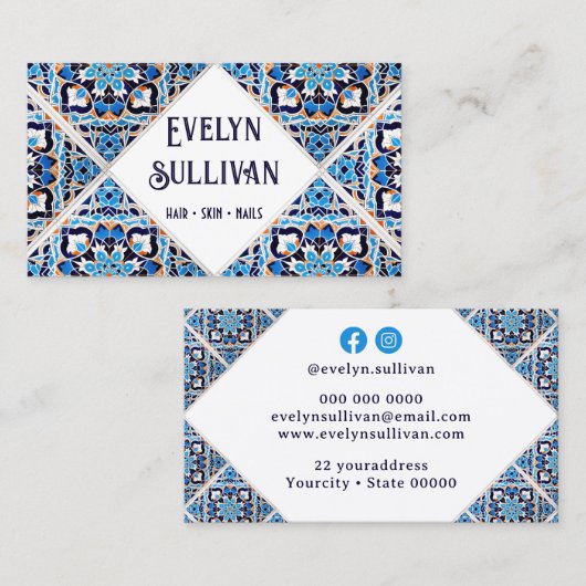 Wit blauw zwart mediterraan tegels visitekaartje (Voorkant / Achterkant)