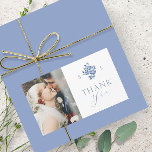 Wit   Blauwe Bloemen Huwelijk Monogram Dank u Rechthoekige Sticker