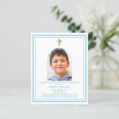 Wit blauwe boog foto Eerste Communie uitnodiging (Staand voorkant)