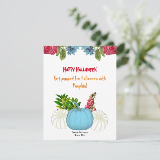 Wit Blauwe Herfst Pompoen Waterverf Bloemengroen (Staand voorkant)