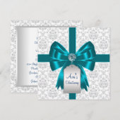Wit Blauwgroen Blauw Damask Baby Christening Kaart (Voorkant / Achterkant)