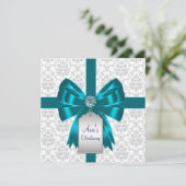 Wit Blauwgroen Blauw Damask Baby Christening Kaart (Staand voorkant)