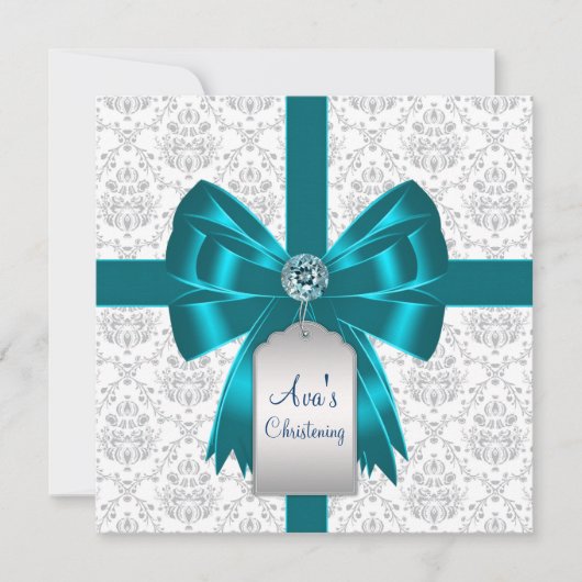 Wit Blauwgroen Blauw Damask Baby Christening Kaart (Voorkant)
