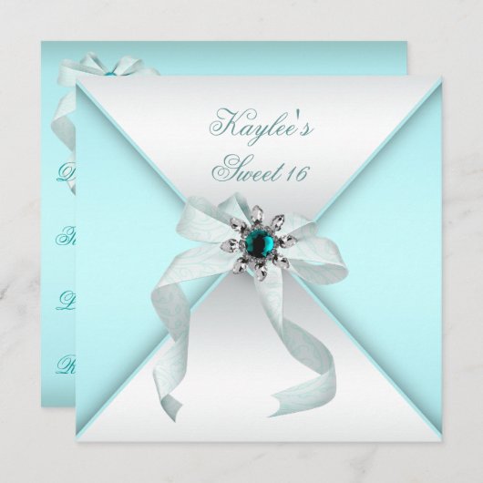 Wit Blauwgroen Blauw Sweet 16 Party Kaart (Voorkant / Achterkant)