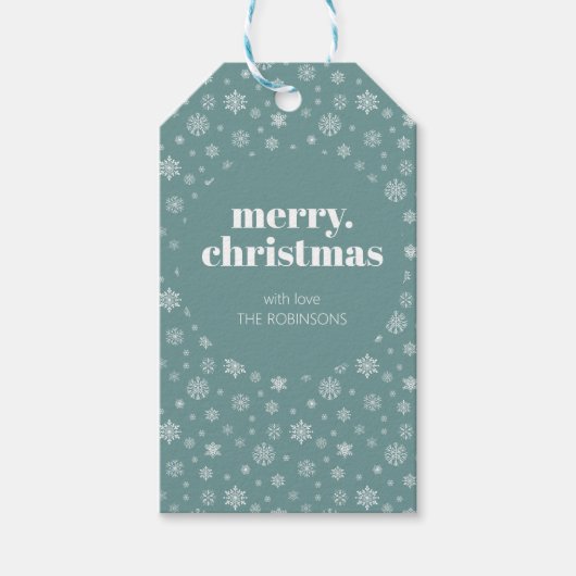 Wit Blauwgroen Groen Vrolijk Kerstmissneeuwvlokpat Cadeaulabel (Voorkant)