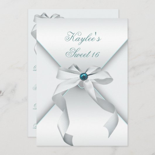 Wit Blauwgroen Sweet 16 Verjaardagsfeest Kaart (Voorkant / Achterkant)