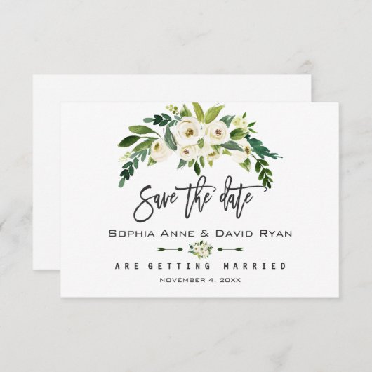 Wit Bloeiende Bloemen Handschrift Save the Date (Voorkant / Achterkant)