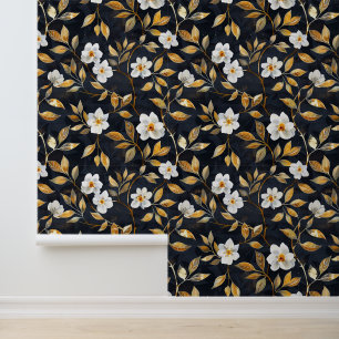 Wit bloem Goud Blad op Zwart Behang