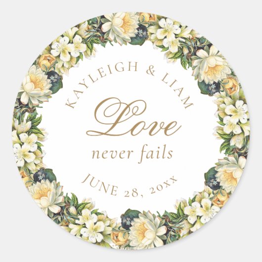  Wit Bloemen Bijbel Verse Bruiloft Ronde Sticker (Voorkant)