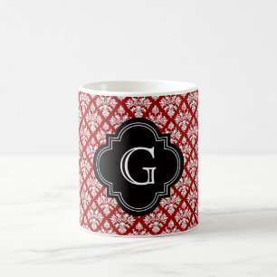 Wit Bloemen Damask #3 Rood BG Monogram Koffiemok