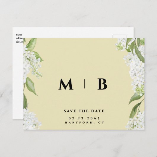Wit Bloemen Geel Monogram Bruiloft Opslaan Datum Briefkaart (Voorkant / Achterkant)