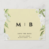 Wit Bloemen Geel Monogram Bruiloft Opslaan Datum Briefkaart (Voorkant)
