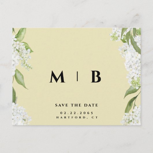 Wit Bloemen Geel Monogram Bruiloft Opslaan Datum Briefkaart (Voorkant)