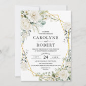 Wit Bloemen Goud Geometrische Groen Bruiloft Kaart (Voorkant)