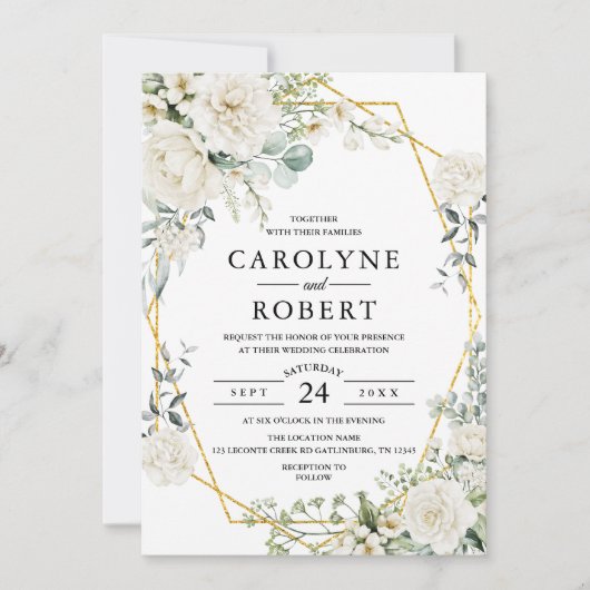 Wit Bloemen Goud Geometrische Groen Bruiloft Kaart (Voorkant)