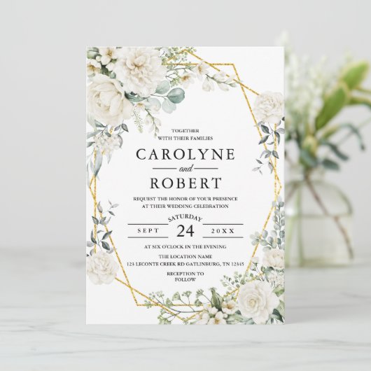 Wit Bloemen Goud Geometrische Groen Bruiloft Kaart (Staand voorkant)